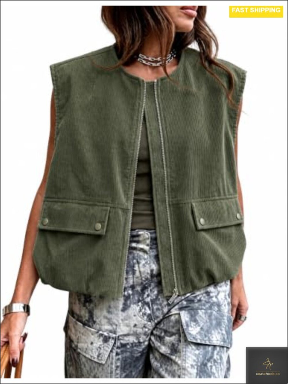 Women's Corduroy Cropped Ruched Hem Zip Up Vest Sleeveless Jacket